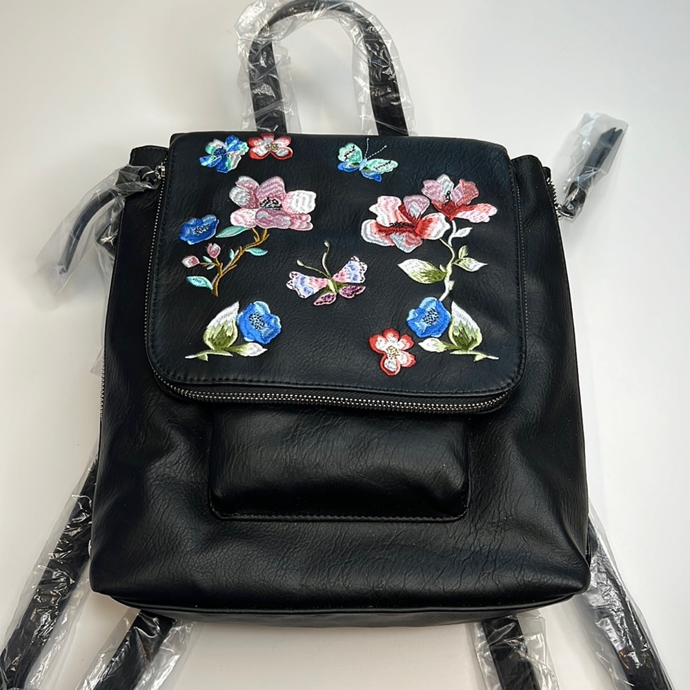 INC International Concepts Black Multi-Color Embroidered Floral Backpack, NWT!